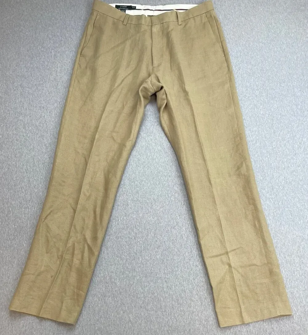 J Crew Pants Mens 34 x 32 Beige 100% Irish Linen Flat Front Dress